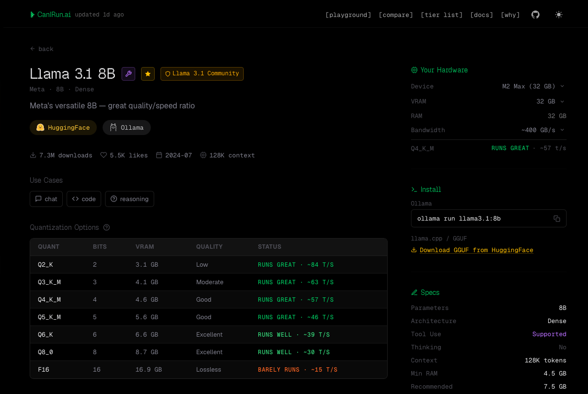 Can I Run AI, Llama 3.1 8B model detail page