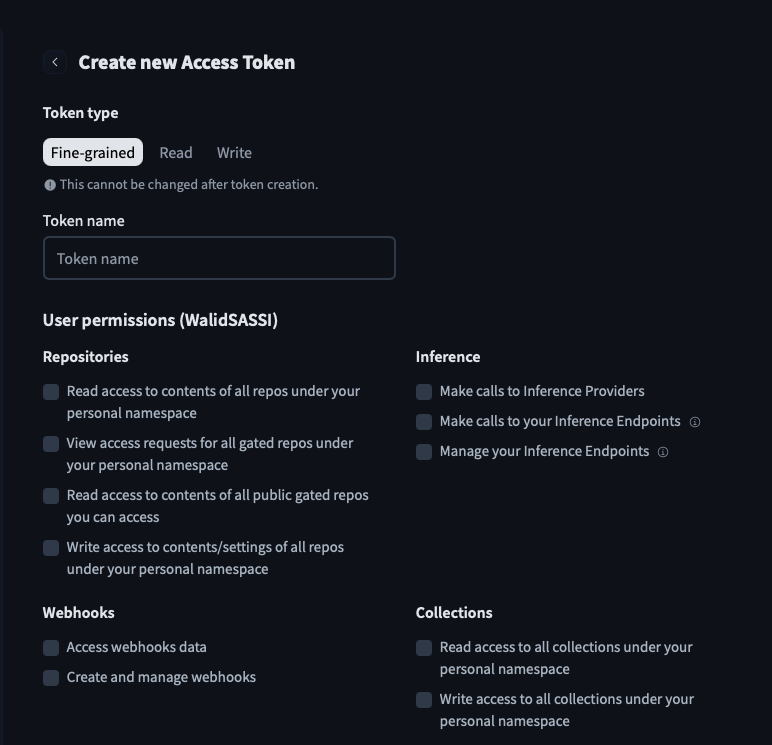 Creating a Hugging Face access token in the settings panel