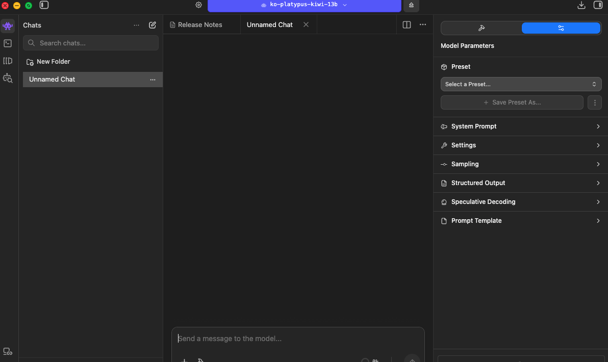 LM Studio, chat interface and model settings