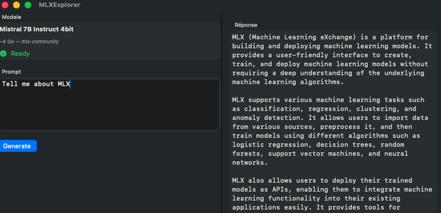 MLXExplorer app downloading a model and interacting with a local LLM