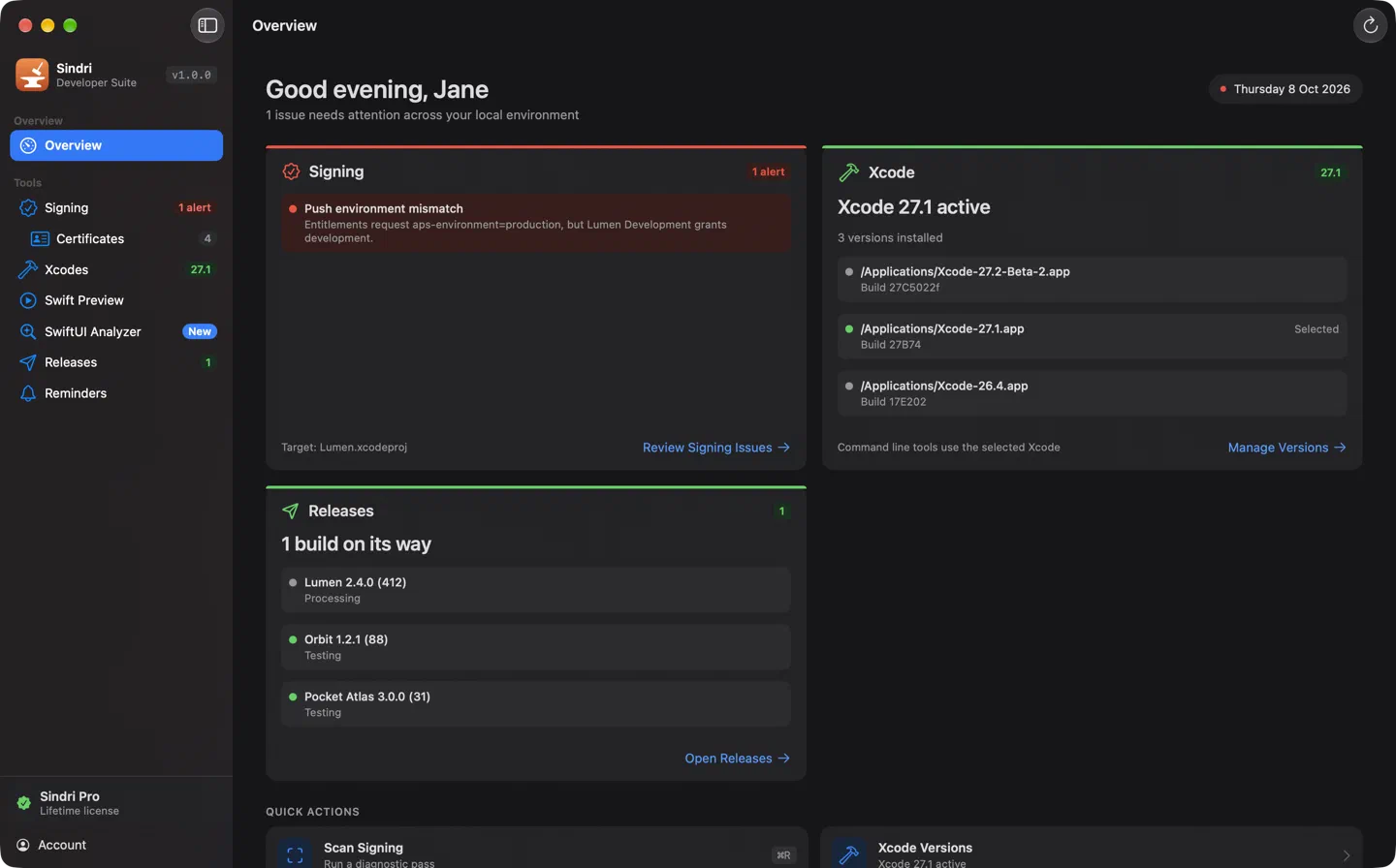 Sindri's Overview screen on macOS: a sidebar listing its seven tools, and cards showing a signing alert, the installed Xcode versions, and builds on their way to the App Store.