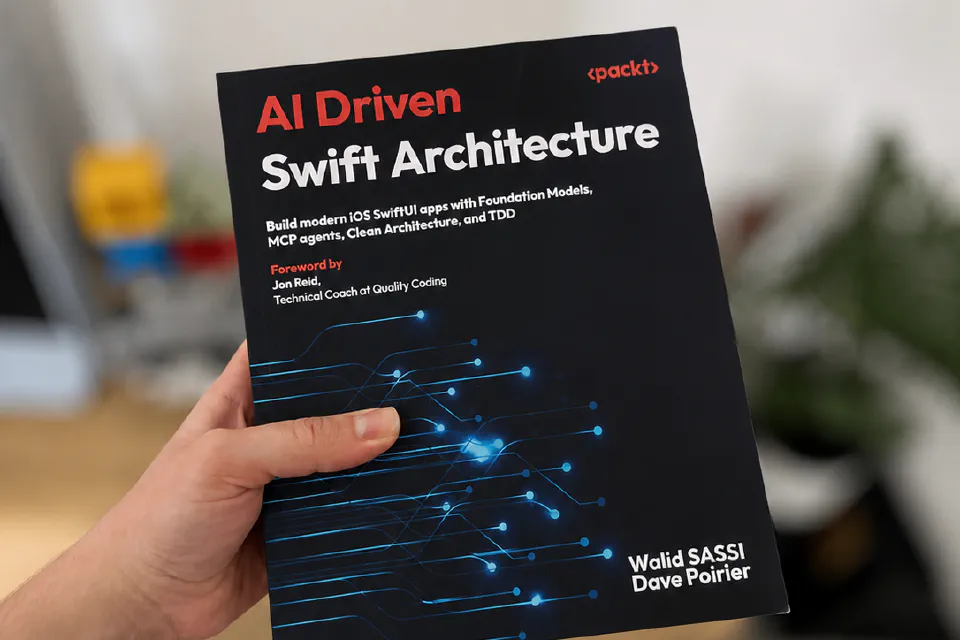 Print copy of AI-Driven Swift Architecture held by an iOS developer