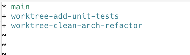 Two isolated Git worktree branches created automatically by Claude Agents: one for the Clean Architecture refactor, one for the unit tests